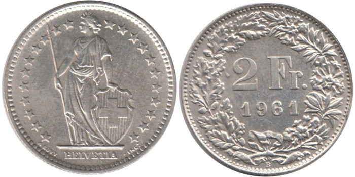 SUIZA - K-021 - 2 FRANCOS 1961 , SC  plata
