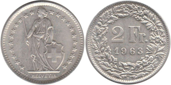 SUIZA - K-021 - 2 FRANCOS 1963 , EBC  plata