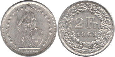 SUIZA - K-021 - 2 FRANCOS 1963 , EBC  plata
