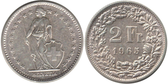 SUIZA - K-021 - 2 FRANCOS 1965 , SC  plata