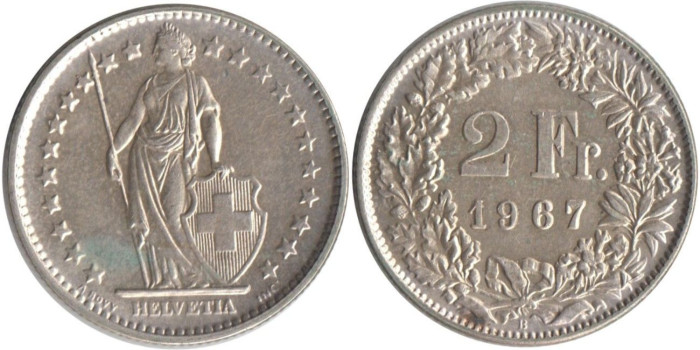 SUIZA - K-021 - 2 FRANCOS 1967 , SC  plata