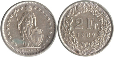 SUIZA - K-021 - 2 FRANCOS 1967 , SC  plata