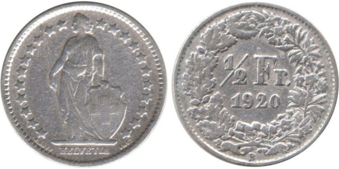 SUIZA - K-023 - 1/2 FRANCO 1920 , MBC+  plata