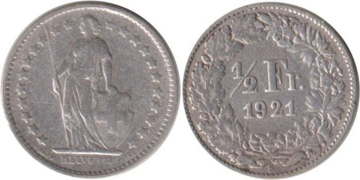 SUIZA - K-023 - 1/2 FRANCO 1915/65 , MBC/EBC  plata