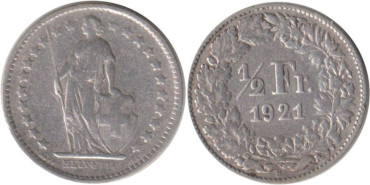 SUIZA - K-023 - 1/2 FRANCO 1915/65 , MBC/EBC  plata