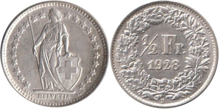 SUIZA - K-023 - 1/2 FRANCO 1928 , SC  plata