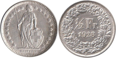 SUIZA - K-023 - 1/2 FRANCO 1928 , SC  plata
