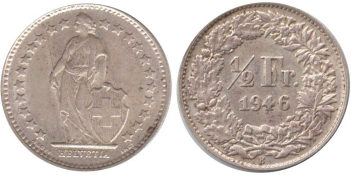 SUIZA - K-023 - 1/2 FRANCO 1946 , SC  plata