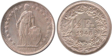 SUIZA - K-023 - 1/2 FRANCO 1948 , SC  plata