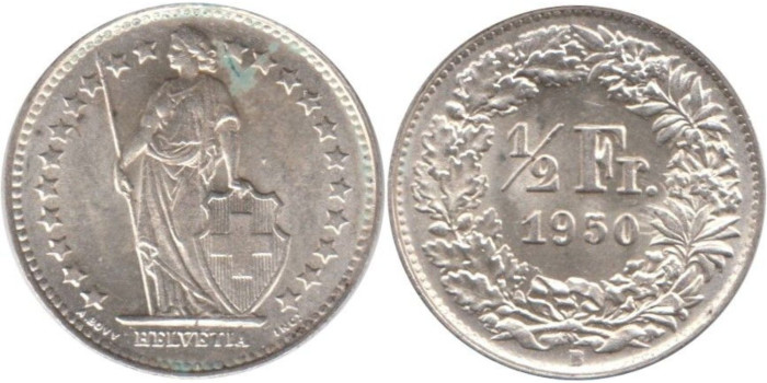 SUIZA - K-023 - 1/2 FRANCO 1950 , SC  plata