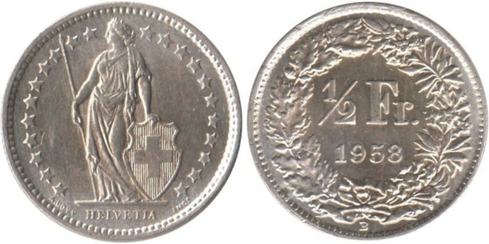 SUIZA - K-023 - 1/2 FRANCO 1958 , SC  plata