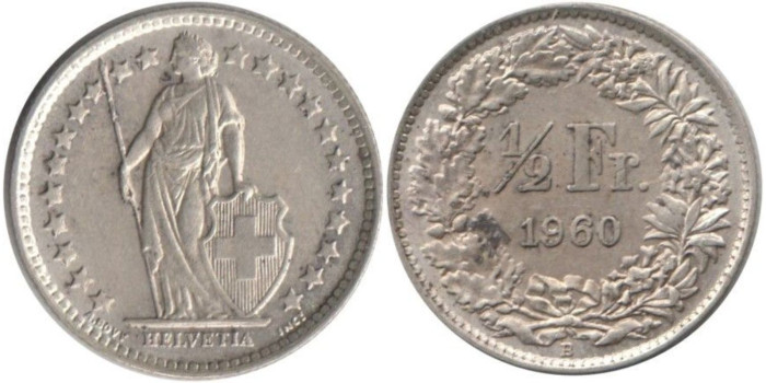 SUIZA - K-023 - 1/2 FRANCO 1960 , EBC  plata