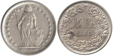 SUIZA - K-023 - 1/2 FRANCO 1960 , EBC  plata