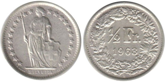 SUIZA - K-023 - 1/2 FRANCO 1963 , SC  plata