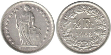 SUIZA - K-023 - 1/2 FRANCO 1963 , SC  plata