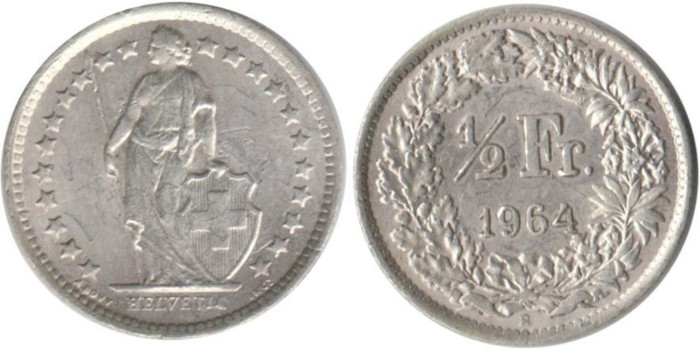 SUIZA - K-023 - 1/2 FRANCO 1964 , SC  plata