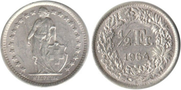 SUIZA - K-023 - 1/2 FRANCO 1964 , SC  plata