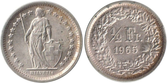 SUIZA - K-023 - 1/2 FRANCO 1965 , SC  plata