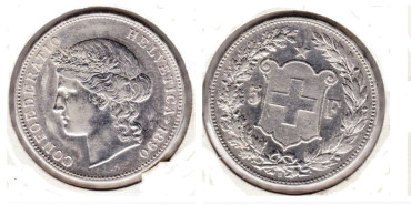 SUIZA - K-034 - 5 FRANCOS 1890 , EBC+  plata