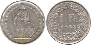 SUIZA - K-024 - 1 FRANCO 1963 ,SC plata