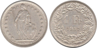 SUIZA - K-024 - 1 FRANCO 1958 , SC plata
