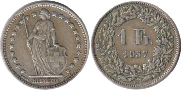 SUIZA - K-024 - 1 FRANCO 1957 , MBC plata