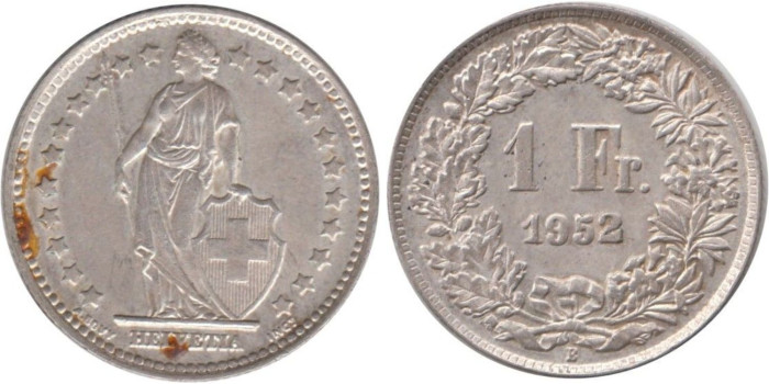 SUIZA - K-024 - 1 FRANCO 1952 , EBC+ plata