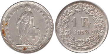SUIZA - K-024 - 1 FRANCO 1952 , EBC+ plata
