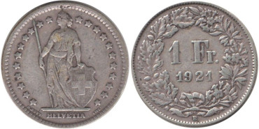 SUIZA - K-024 - 1 FRANCO 1921 , MBC plata