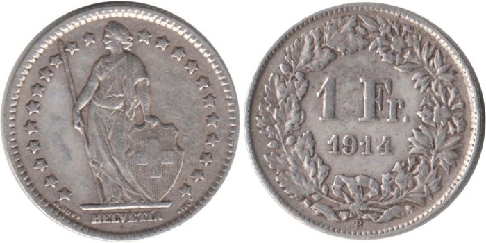 SUIZA - K-024 - 1 FRANCO 1914 , MBC plata