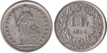 SUIZA - K-024 - 1 FRANCO 1914 , MBC plata