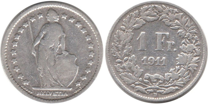 SUIZA - K-024 - 1 FRANCO 1911 , BC plata