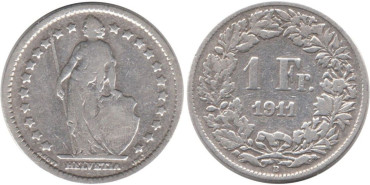 SUIZA - K-024 - 1 FRANCO 1911 , BC plata