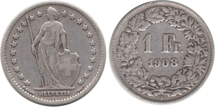SUIZA - K-024 - 1 FRANCO 1908 , BC plata