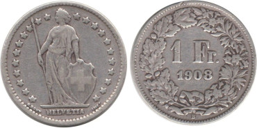 SUIZA - K-024 - 1 FRANCO 1908 , BC plata