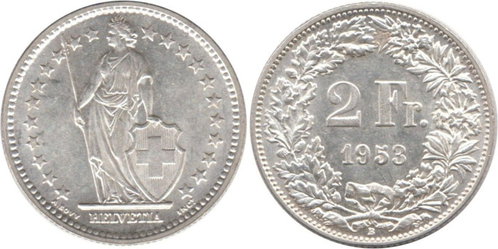 SUIZA - K-021 - 2 FRANCOS 1953 , SC  plata