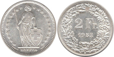 SUIZA - K-021 - 2 FRANCOS 1953 , SC  plata