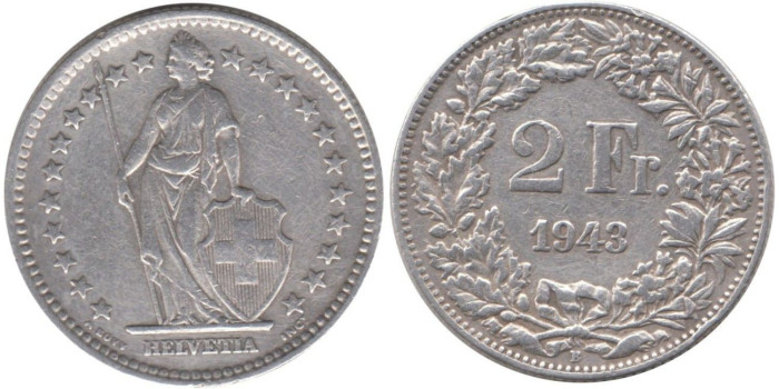 SUIZA - K-021 - 2 FRANCOS 1943 , MBC  plata