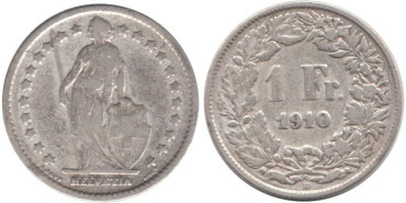 SUIZA - K-024 - 1 FRANCO 1910 , MBC plata