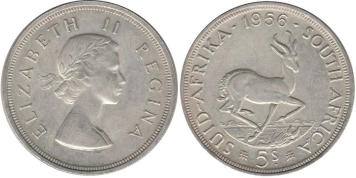 SURAFRICA - K-052 - 5 SHILLING 1956 , EBC+  plata