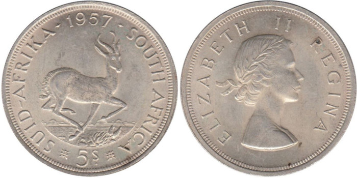 SURAFRICA - K-052 - 5 SHILLING 1957 , SC  plata