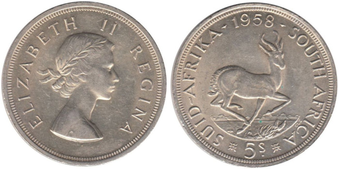 SURAFRICA - K-052 - 5 SHILLING 1958 , SC  plata