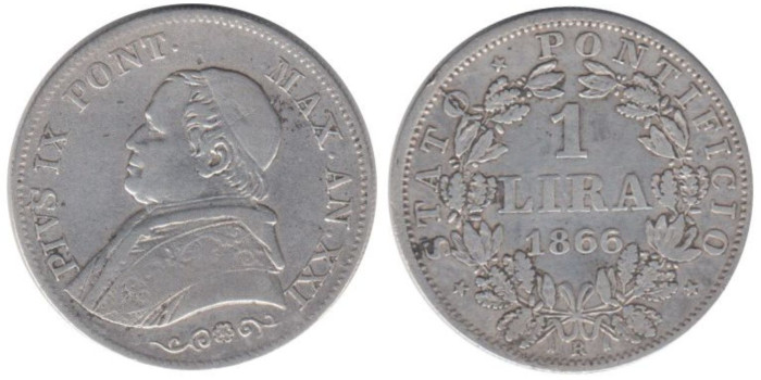 VATICANO - C-1377.2 - 1 LIRA  1866 , BC+  plata