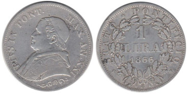 VATICANO - K-1377.2 - 1 LIRA  1866 , BC+  plata