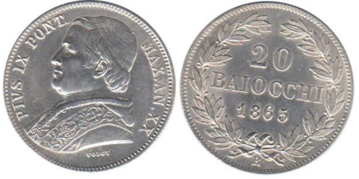 VATICANO - C-1360a -20 BAIOCCHI 1865  EBC plata