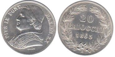 VATICANO - C-1360a -20 BAIOCCHI 1865  EBC plata