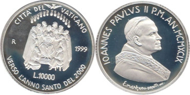 VATICANO - K-303- 10.000 LIRAS 1999 Proof, PLATA