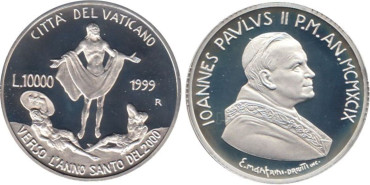 VATICANO - K-304- 10.000 LIRAS 1999 Proof, PLATA