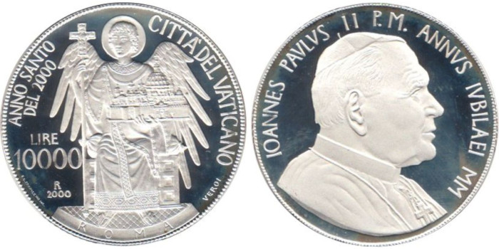 VATICANO - K-315- 10.000 LIRAS 2000 Proof, PLATA