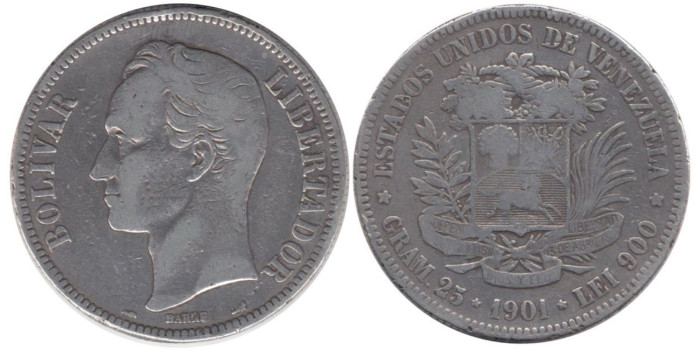 VENEZUELA - K-24 - 5 BOLIVARES 1901 , BC+  plata
